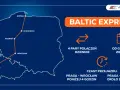 Mapa pokazuje trasę pociągu Baltic Express z Gdyni do Pragi, z postojami w Bydgoszczy i Wrocławiu.