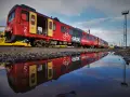 Czerwony pociąg SKPL, stowarzyszenie kolejowych przewozów lokalnych, odbija się w kałuży. Obok żółty tramwaj Kolei Dolnośląskich.