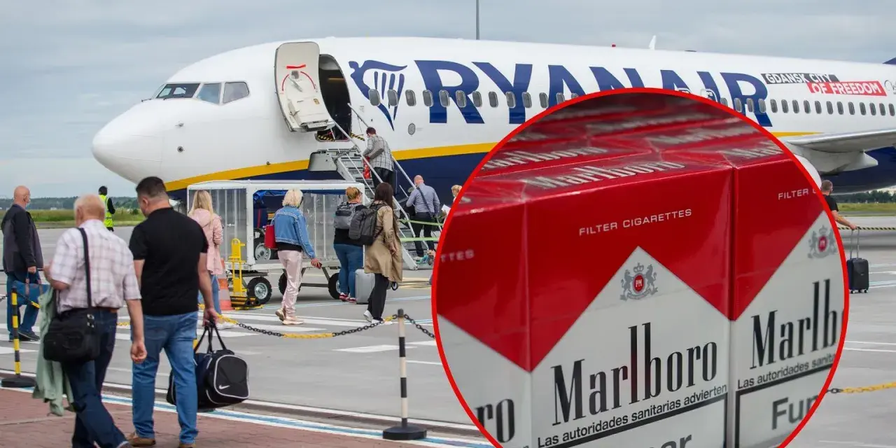 Pasażerowie wsiadają do samolotu Ryanair, a w tle widać paczki papierosów Marlboro. Zastanawiasz się, ile gotówki można przewieźć samolotem?