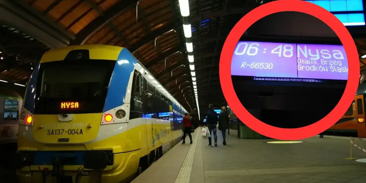 Pociąg Nysa na peronie, gotowy do odjazdu do Wrocławia. Na tablicy informacyjnej widnieje godzina 06:48 i cel podróży.