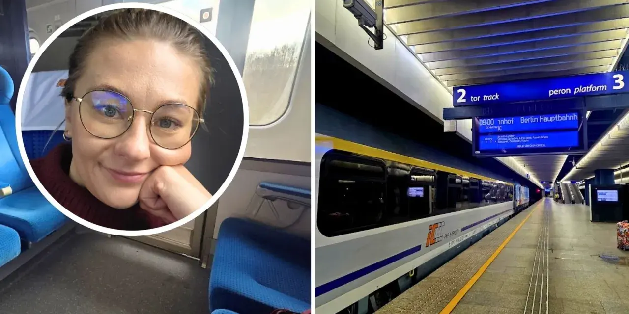Uśmiechnięta kobieta w okularach w pociągu, obok peron z tablicą informującą o odjeździe pociągu **Berlin Warszawa Express**.