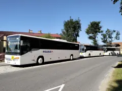Kilka białych autokarów Polbus stoi w rzędzie na tle budynków i drzew. To miejsce, skąd odjeżdża polski bus we Wrocławiu.