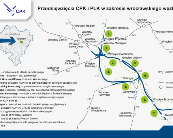 Mapa przedstawia planowane inwestycje kolejowe w rejonie Wrocławia, w tym modernizację węzła Grabiszyńskiego i budowę linii KDP.