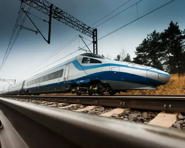 Nowoczesny pociąg Pendolino mknie po torach, gotowy do podróży z Warszawy do Sopotu.