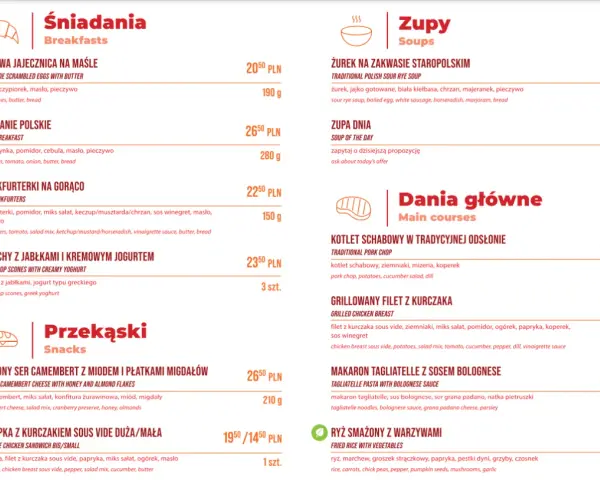 Menu z daniami głównymi, zupami i przekąskami. Wśród pozycji: żurek, kotlet schabowy, makaron tagliatelle, kanapka z kurczakiem.