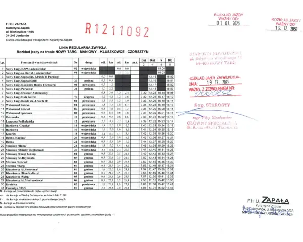 Rozkład jazdy mini trans na trasie Nowy Targ - Maniowy - Kluszkowce - Czorsztyn.