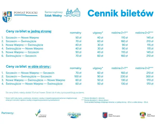 Cennik biletów na pociąg relacji Świnoujście-Szczecin i inne. Ceny za bilety w jedną stronę i w obie strony.