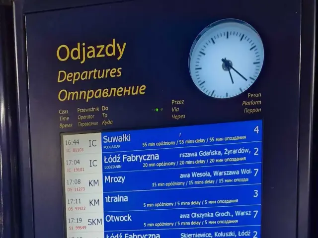 Tablica odjazdów pociągów z informacją, jak sprawdzić gdzie jest pociąg, pokazuje czasy, kierunki i perony.