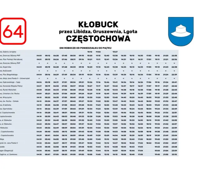 MPK rozkład jazdy Częstochowa: autobus 64 jedzie przez Libidza, Gruszewnia, Lgota do Kłobucka.
