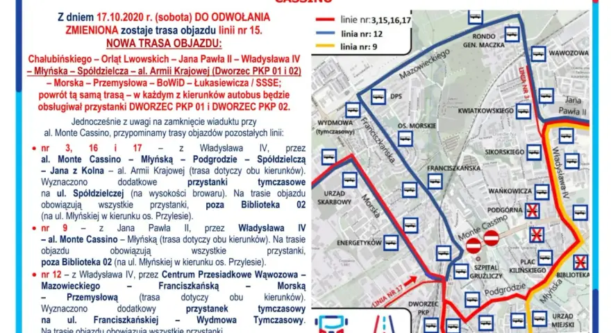 Zmiana tras linii MZK Koszalin nr 15, 9, 12, 16, 17 z powodu zamknięcia wiaduktu przy al. Monte Cassino. Rozkład jazdy objazdów.