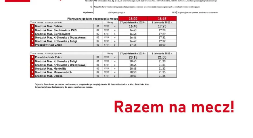 Grodzisk Mazowiecki rozkład jazdy autobusów na mecze. Tabela pokazuje godziny odjazdów z różnych przystanków.