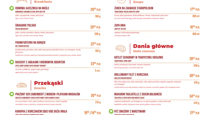 Menu z daniami głównymi, zupami i przekąskami. Wśród pozycji: żurek, kotlet schabowy, makaron tagliatelle, kanapka z kurczakiem.