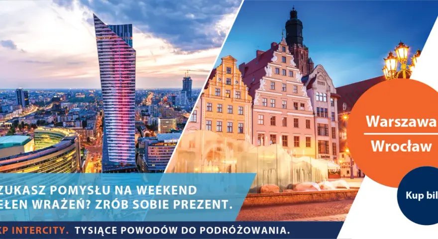 Warszawa i Wrocław nocą, połączone w kolażu. Idealne na weekendowy pociąg.
