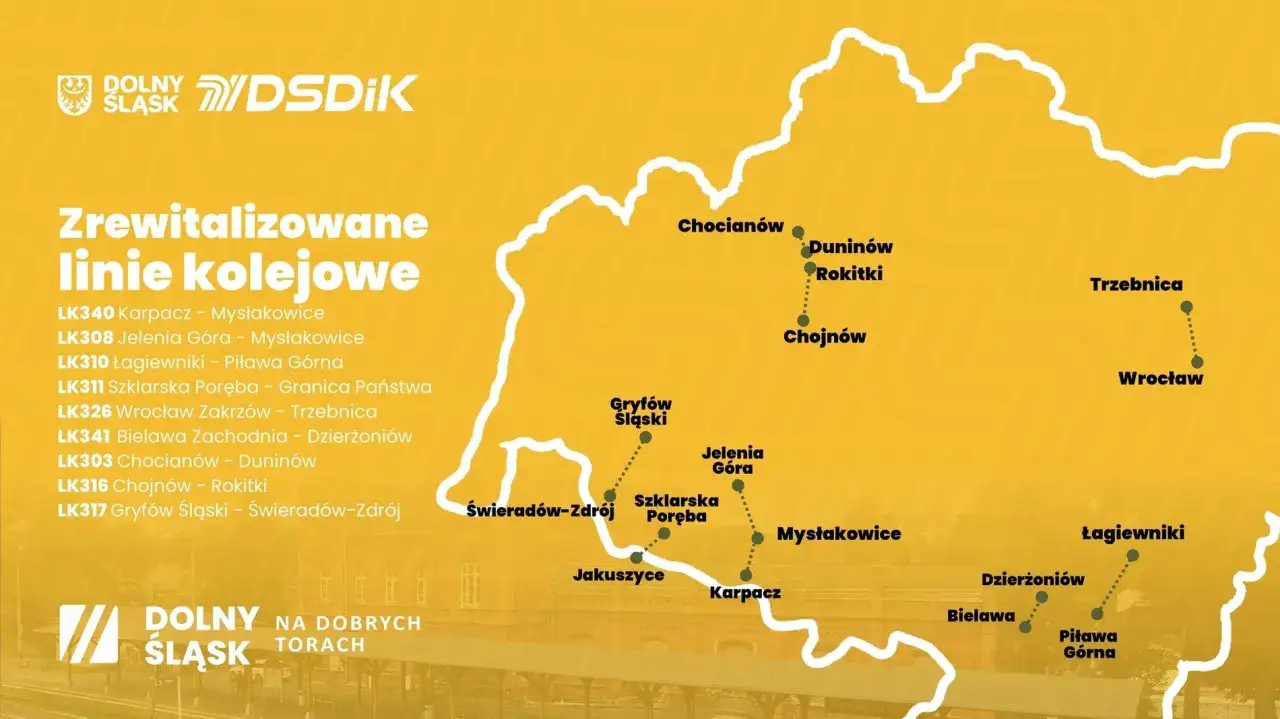 Mapa zrewitalizowanych linii kolejowych Dolnego Śląska. Pociąg Koleje Dolnośląskie kursuje między Karpaczem a Szklarską Porębą, a także do Wrocławia.