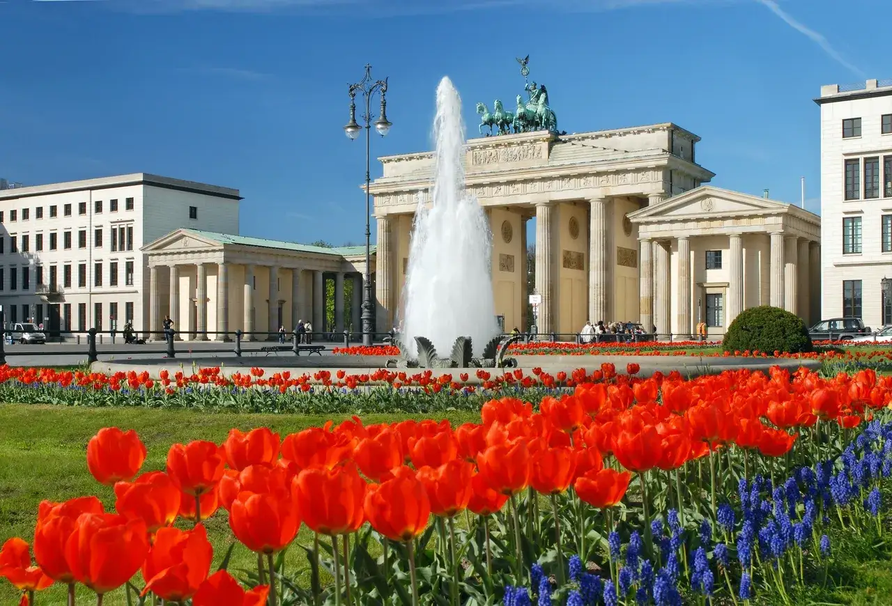Kwiaty przed Bramą Brandenburską, idealne miejsce na postój przed podróżą pociągiem Szczecin Berlin.