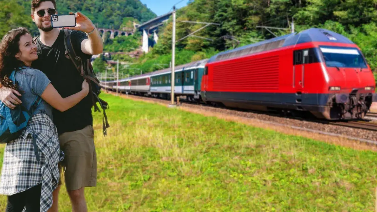 Para podróżuje pociągiem Świnoujście-Szczecin, robiąc sobie selfie na tle czerwonej lokomotywy i zielonych wzgórz.