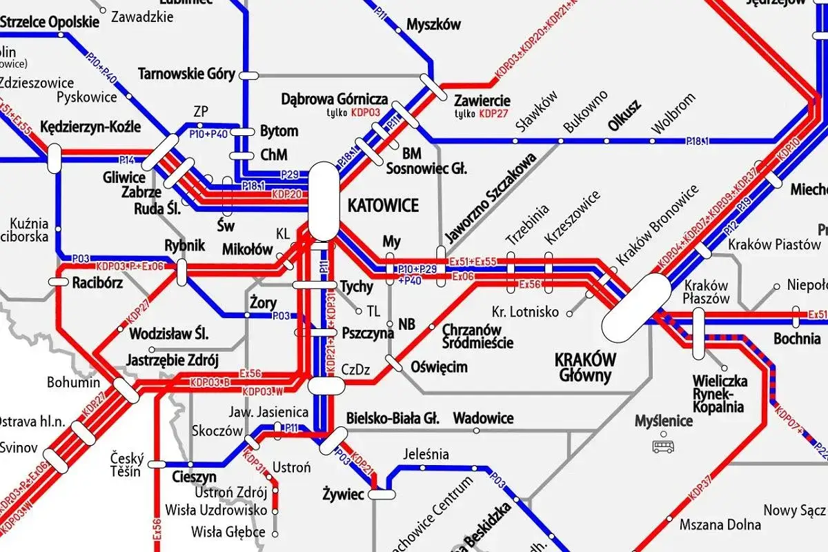 Mapa kolejowa pokazuje trasy pociągów z Katowic do Wiednia, z zaznaczonymi stacjami i liniami.