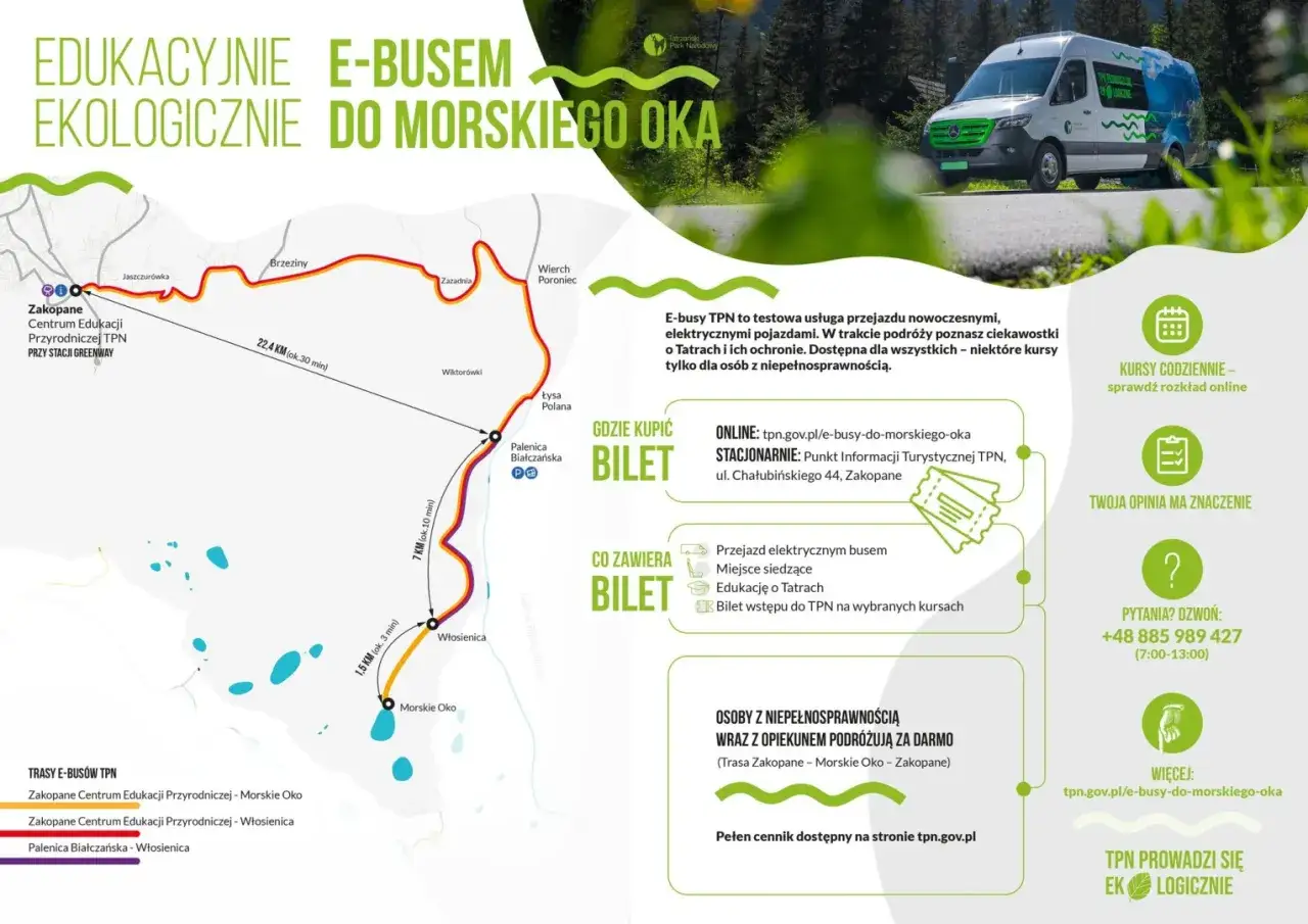 E-busy TPN do Morskiego Oka: mapa tras, ceny biletów i informacje o kursach. Ekologiczna podróż przez Tatry.