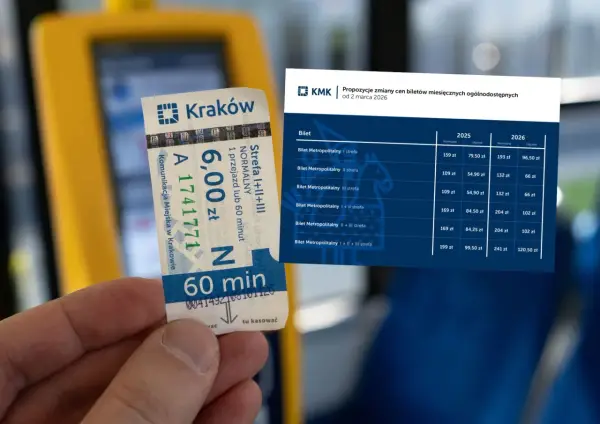 Bilet komunikacji miejskiej w Krakowie i tabela z propozycjami zmian cen biletów miesięcznych. Planujesz podróż pociągiem z Krakowa do Lublina?