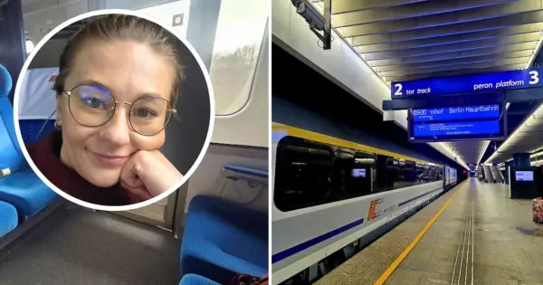Uśmiechnięta kobieta w okularach w pociągu, obok peron z tablicą informującą o odjeździe pociągu **Berlin Warszawa Express**.