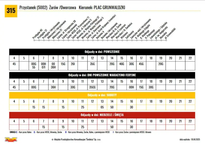 MPK Świdnica rozkład jazdy autobusu linii 315 do Placu Grunwaldzkiego. Tabela pokazuje odjazdy w dni powszednie, wakacyjne, soboty, niedziele i święta.